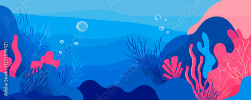 Colorful underwater coral reef with marine plants and bubbles - vector.