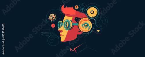 Futuristic tech-inspired male profile with gears and circuits, creative conceptual design vector.