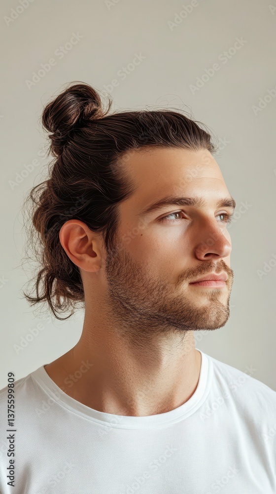 Obraz premium Man with Top Knot Hairstyle, Profile View