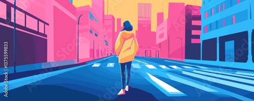 Colorful urban street with woman walking at sunset, modern cityscape art - vector.