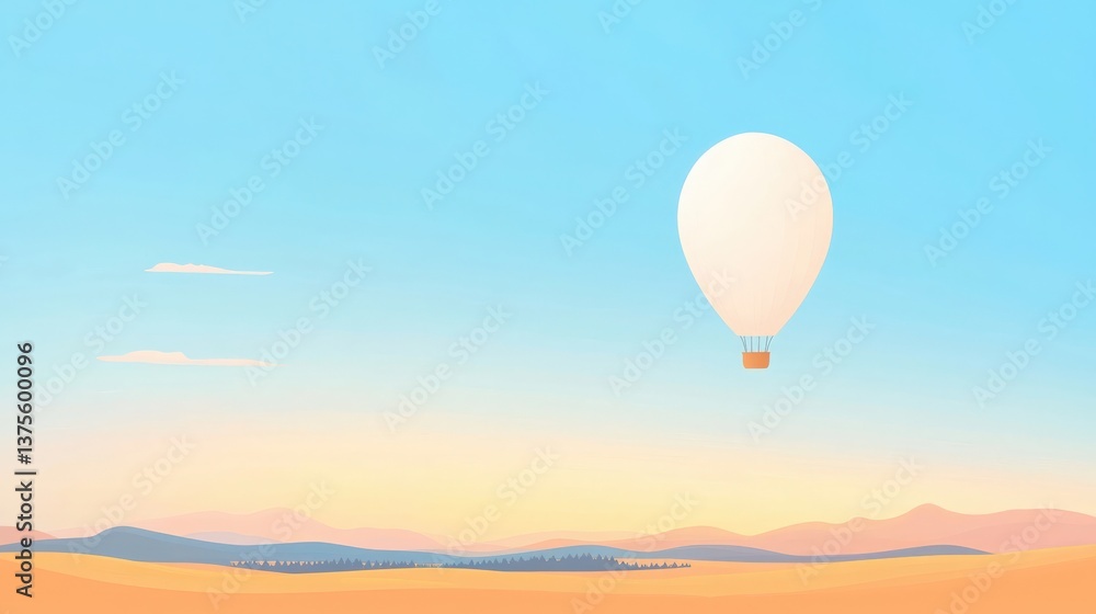 Fototapeta premium Hot Air Balloon over Desert Landscape, White hot air balloon soaring over a serene desert landscape at sunrise.