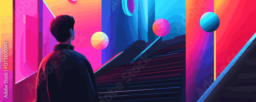 Vibrant futuristic scene with person observing abstract geometric structures - vector.