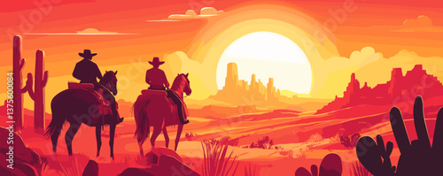 Two cowboys riding in desert sunset with cactus and mountains in background - vector.