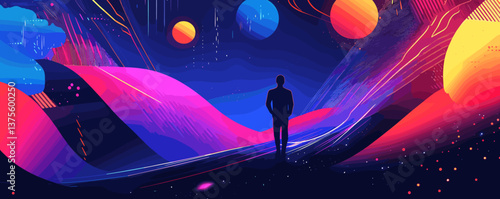 Silhouette of a person in colorful outer space landscape with planets - vector.