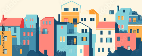 Colorful retro urban houses with geometric shapes and pastel tones - vector.