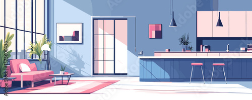 Modern loft interior with cozy living room and stylish kitchen, vector.