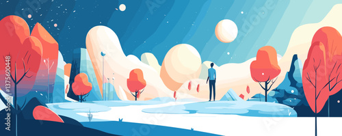 Surreal landscape with person in dreamlike forest and planets, digital art vector.