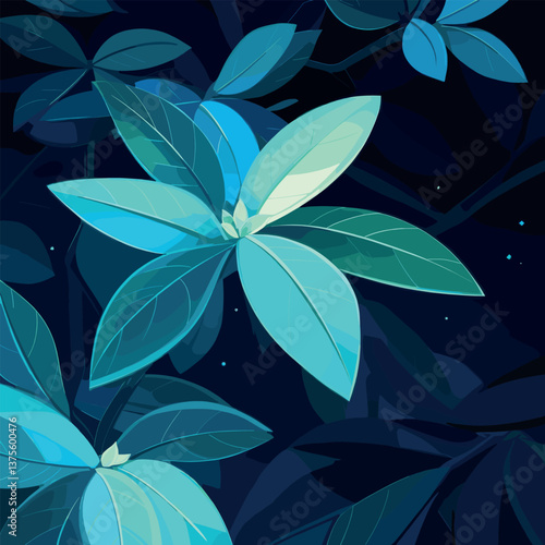 Vibrant nocturnal foliage with glowing teal leaves in moonlight