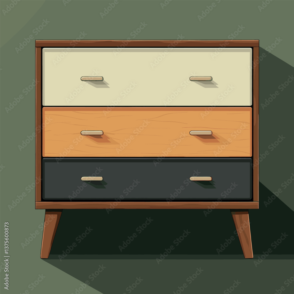 Mid-century modern dresser with wooden legs and multicolor drawers Mid-century modern dresser with wooden legs and multicolor drawers