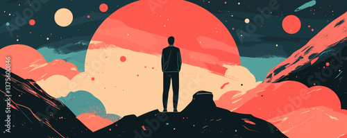 Man standing on mountain under sun, abstract landscape, cosmic imagery - vector.
