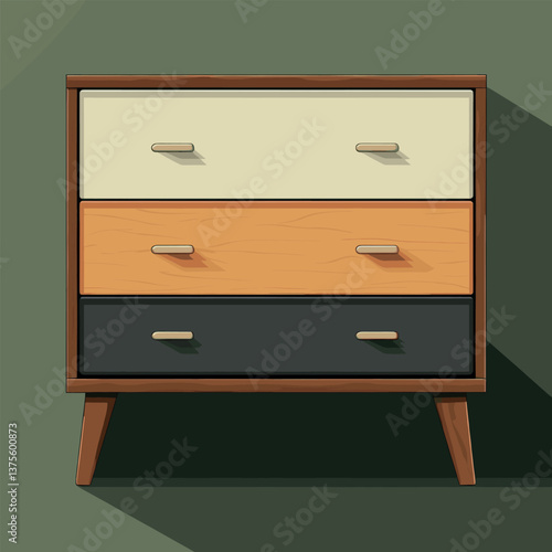 Mid-century modern dresser with wooden legs and multicolor drawers