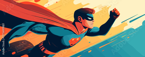 Superhero in action: flying cape and masked hero in dynamic comic style art – vector.