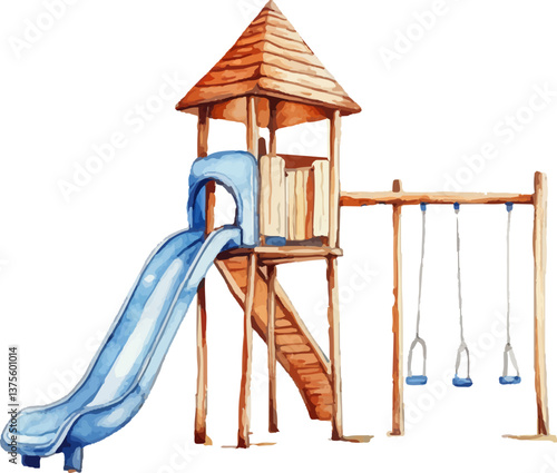 Watercolor playground with castle, slide and swings isolated on white background