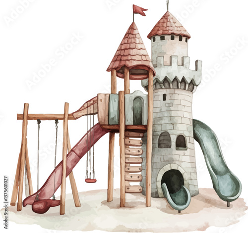 Watercolor playground with castle, slide and swings isolated on white background