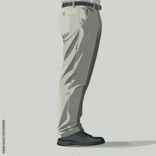 Caucasian male wearing beige pants and black shoes standing side view