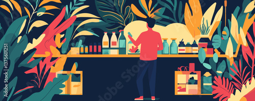 Man shopping in vibrant plant store surrounded by lush foliage - vector.
