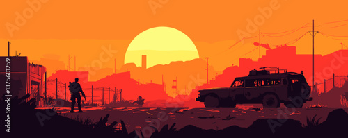 Post-apocalyptic sunset with abandoned car and lone figure in cityscape silhouette - vector.