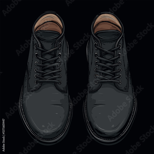 Top view of classic black leather boots with laces