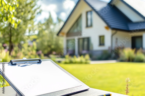 Close-up of blank clipboard on outdoor table with blurred house in background surrounded by greenery in bright daylight. Concept of real estate inspection, home evaluation and property checklist.