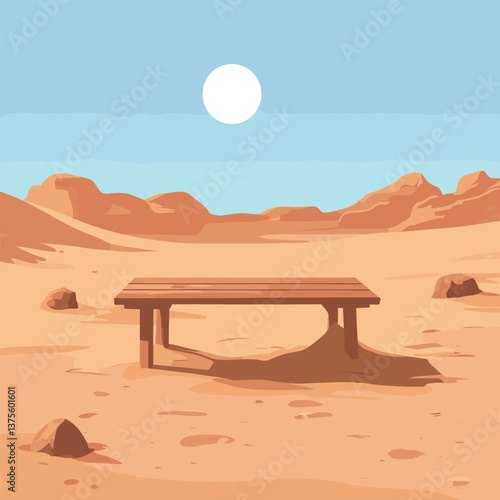 Wooden bench in sunny desert landscape with rocky terrain under clear blue sky
