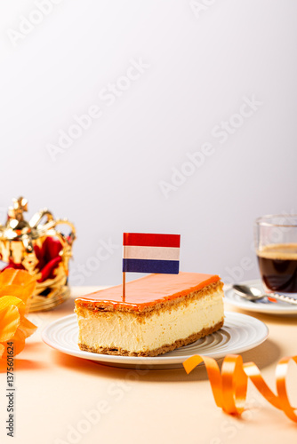 Glazed orange tompouce dessert with Dutch event Kings day in background. National holiday Koningsdag on 27 April in the Netherlands. Holland culture concept with copy space
