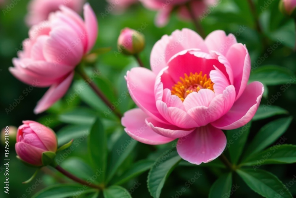 delicate petals unfurl from lush greenery amidst vibrant peony blooms, nature, closeup delicate petals unfurl from lush greenery amidst vibrant peony blooms, nature, closeup