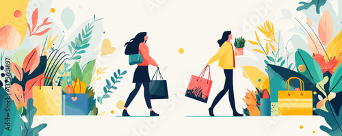 Shopping adventure featuring two women with shopping bags and plants in a vibrant nature-inspired background - vector.