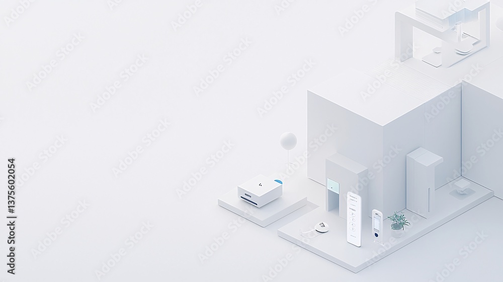 A minimalist depiction of a futuristic smart home interior showcases an array of modern smart home components managed by a remote control device. The isometric design and minimal color palette create A minimalist depiction of a futuristic smart home interior showcases an array of modern smart home components managed by a remote control device. The isometric design and minimal color palette create