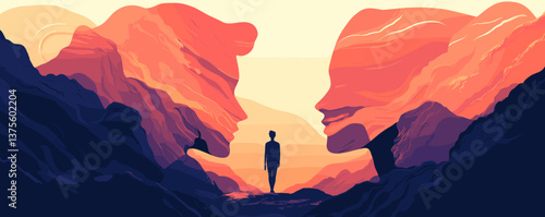 Surreal landscape with silhouetted figure between rock faces at sunset, mountain theme, vector.