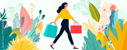 Woman shopping with bags walking among leaves and plants - vector.