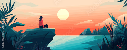 Tranquil sunset scene with silhouetted figure on a cliff by the sea – vector.