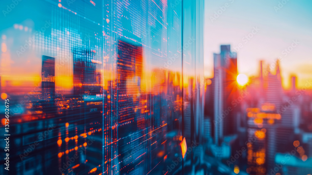 Obraz premium Abstract urban sunset reflected on data grid facade