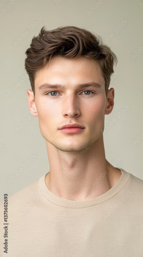 Fototapeta premium Portrait of a Young Man with Tousled Brown Hair Wearing a Beige T-Shirt