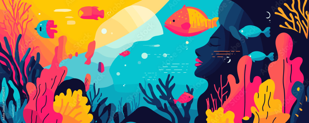 Obraz premium Vibrant underwater scene with fish and woman's silhouette in coral reef - vector.
