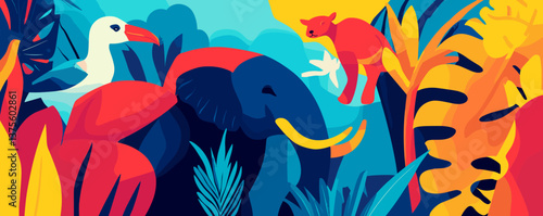 Vibrant jungle scene with elephant, toucan, and leopard in tropical foliage - vector.