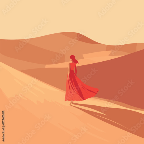 Female in red dress walking in desert landscape with sand dunes