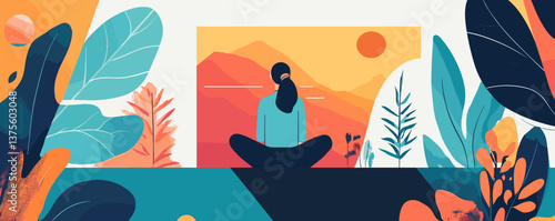 Woman meditating in nature-inspired abstract landscape with vibrant colors - vector.