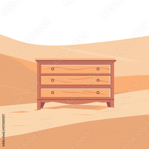 Wooden dresser in desert landscape at sunrise