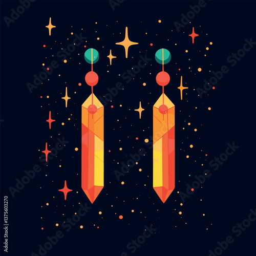 Geometric space-themed crystal earrings with stars on dark background