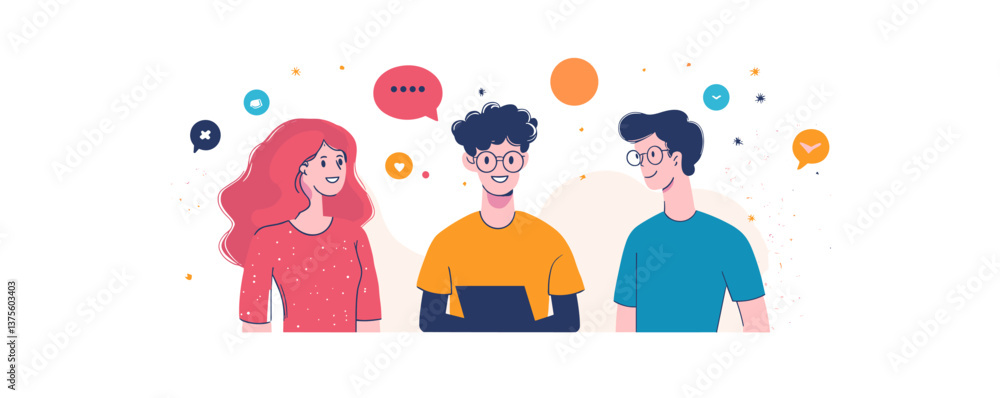 Group of happy young adults chatting with speech bubbles and icons, vector. Group of happy young adults chatting with speech bubbles and icons, vector.