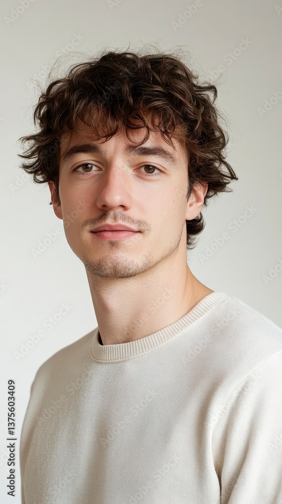 Fototapeta premium Portrait of a Young Man with Curly Hair Wearing a Cream-Colored Sweatshirt