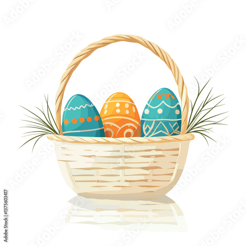 Colorful easter eggs in woven basket with decorative patterns