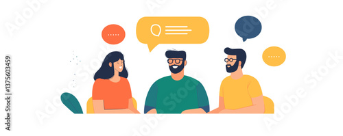 Group chatting with speech bubbles, smiling people engaged in conversation - vector.