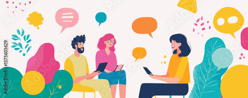 Three people with tablets discussing ideas with speech bubbles in creative environment, vector.