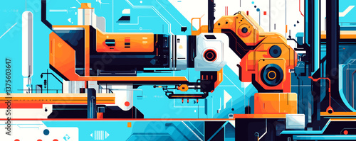 Futuristic robotic arm in industrial setting with digital interface elements - vector.