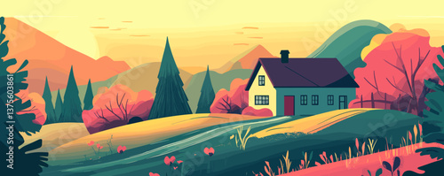 Cozy house on autumn hillside with vibrant forest and mountains in the background - vector.