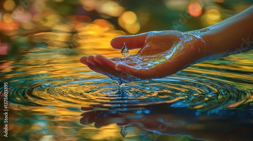 Hand over water, vibrant reflections