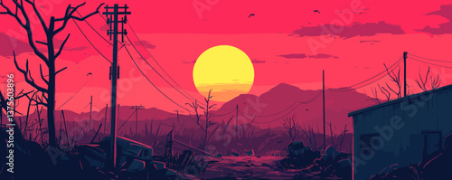 Post-apocalyptic desert landscape at sunset with mountains and power lines - vector.