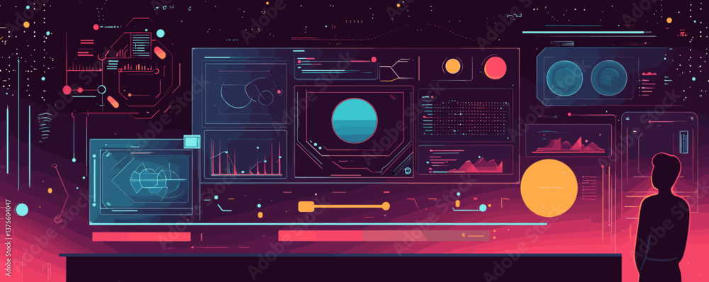 Fototapeta premium Futuristic data interface with charts and graphs in outer space - vector.