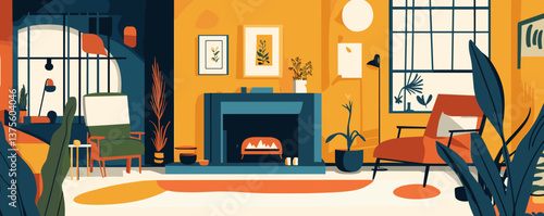 Cozy modern living room with fireplace and plants in vibrant colors, contemporary interior design - vector.